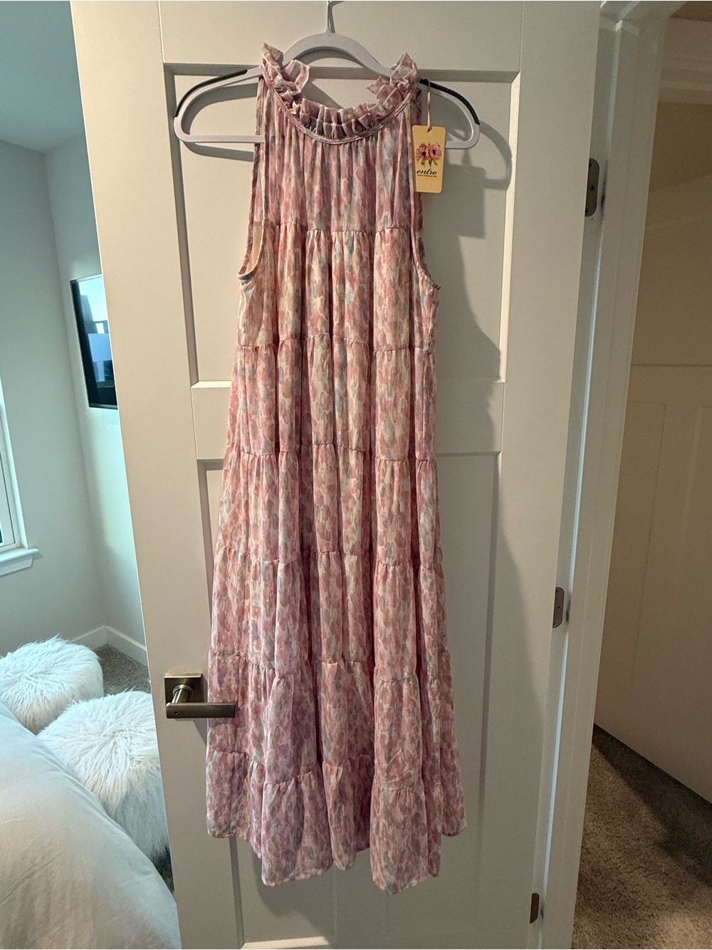 entro Pink Floral Tiered Maxi Dress with Ruffle Neckline
